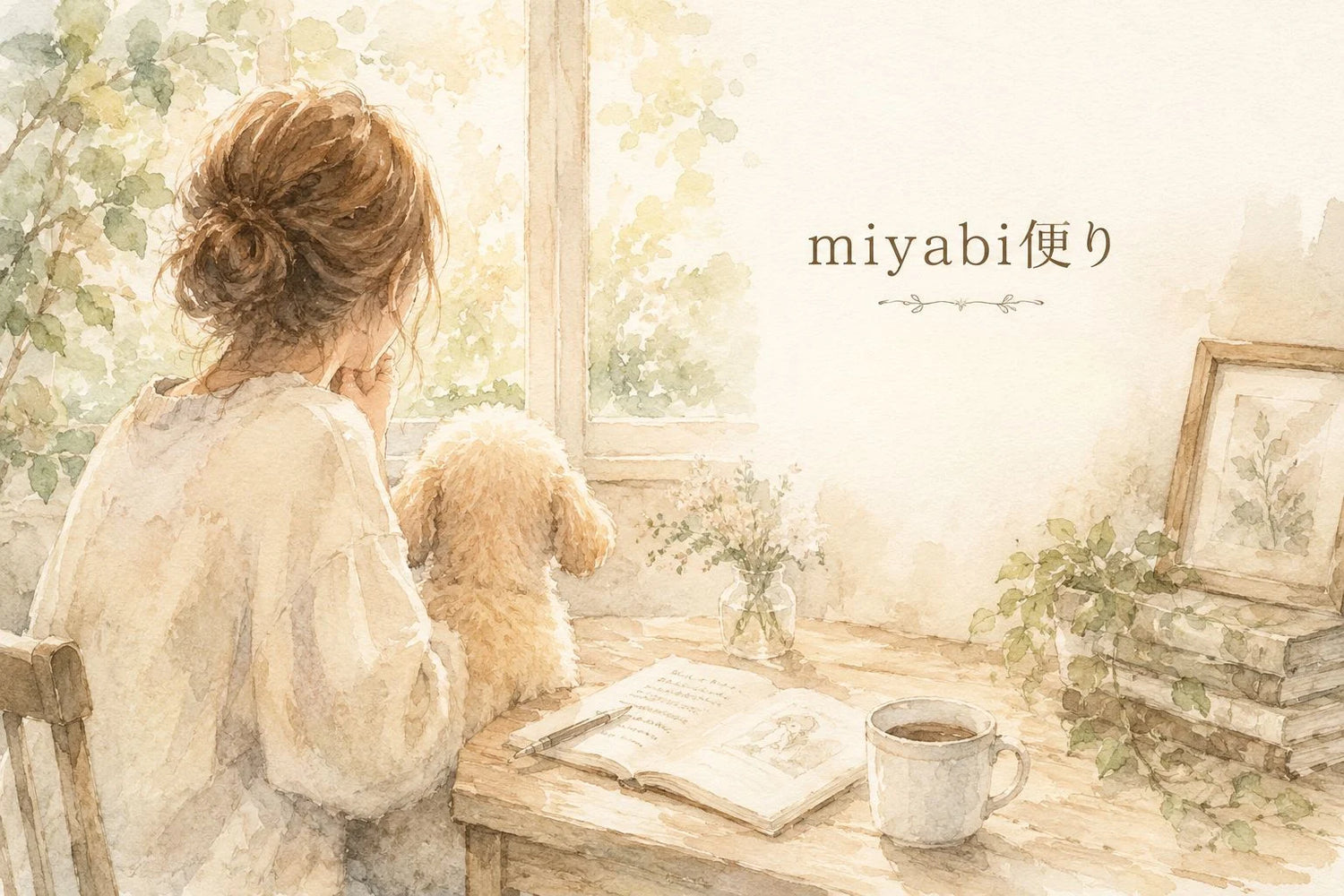 窓辺で愛犬と寄り添う